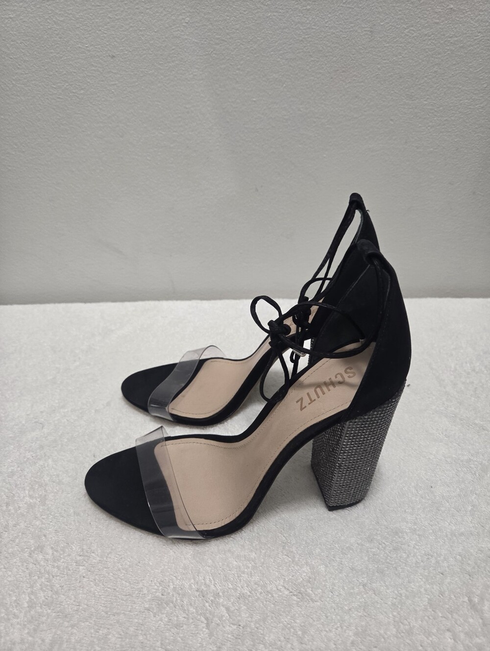 Schutz Anahe Ankle Tie Clear Strap Rhinestone Block Heel Sandals Size 8